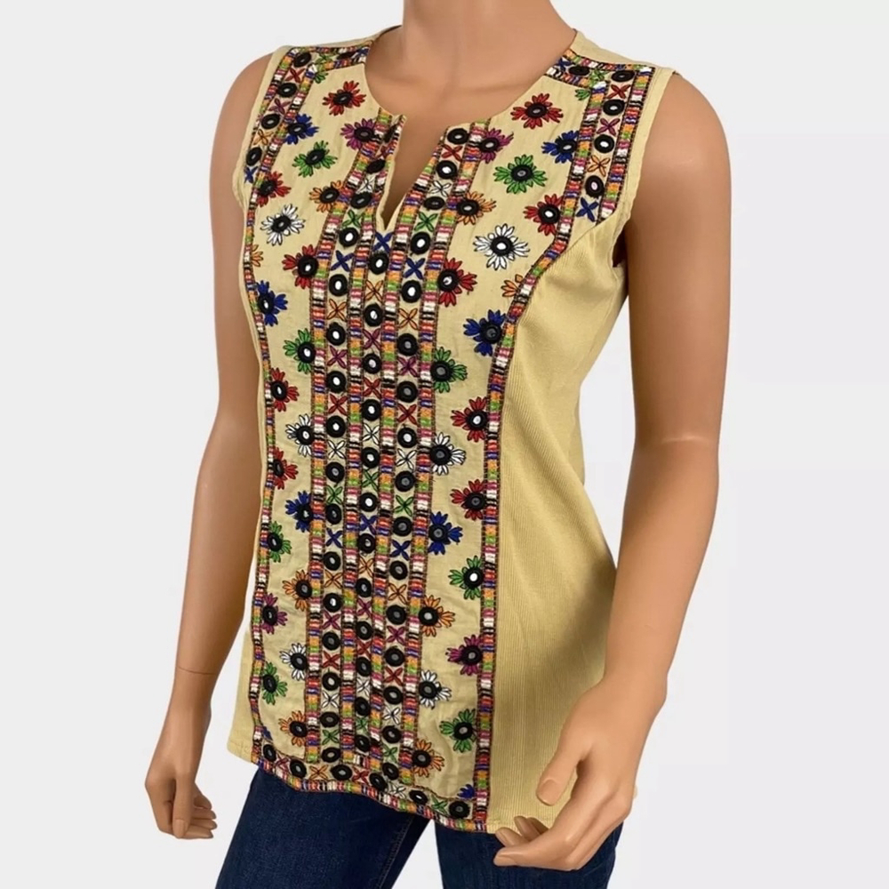 Embroidered Boho Soft Surroundings Top Size 2X Beige Multicolor w Mirror Detail
